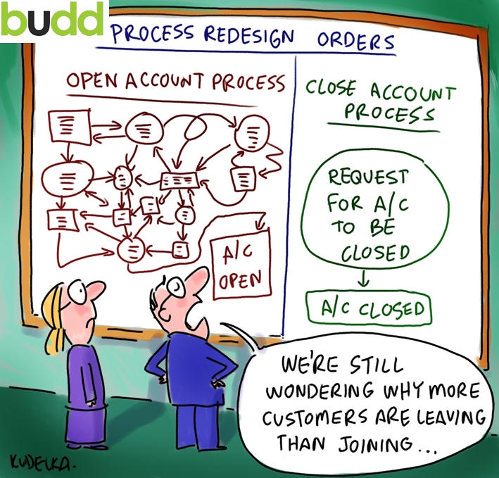 Cartoon "We're still wondering why more customers are leaving than joining...."